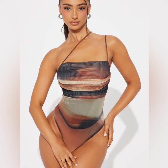 Fashion Nova Tops - One Shoulder Mesh Bodysuit NWT